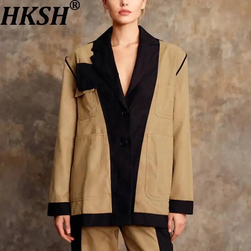 HKSH Women Blazer Elegant Contrast Color Deconstructed Trendy Multi-pocket Safari Style Patchwork Design Niche Suit-Coat HK25482