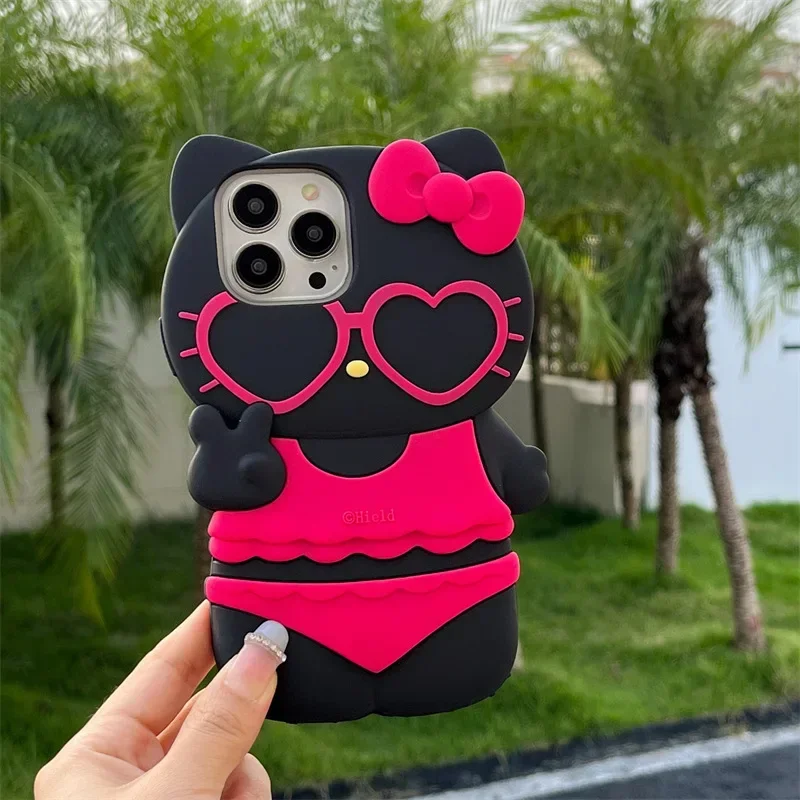 3D Sanrio Swimsuit Hello Kitty Black Phone Case for IPhone 14 13 12 11 Pro Max Silicone Soft Anti-fall Cover Phone Accessories