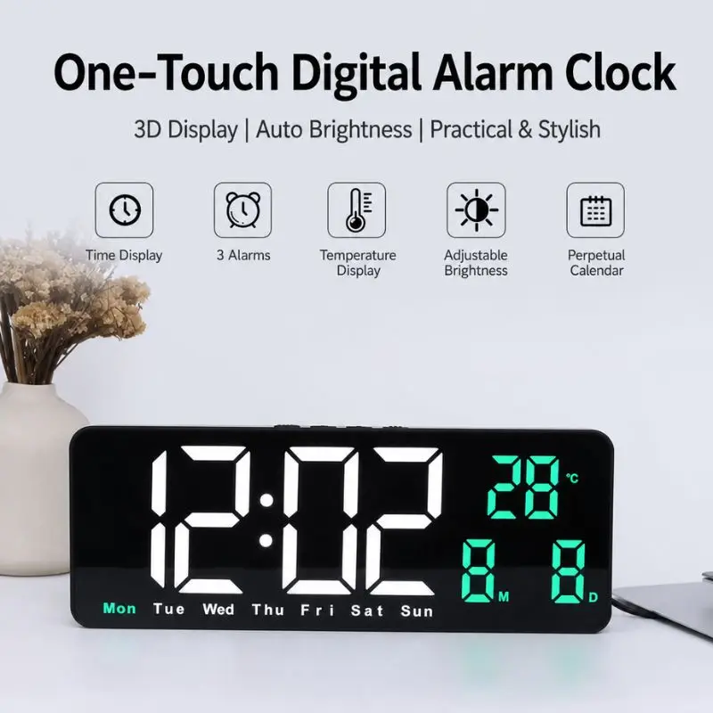 Led Mirror Digital Bedside Alarm Clock Desktop Electronic Clock Snooze Light Sensor Temperature Date Week Display Wake Up Timer