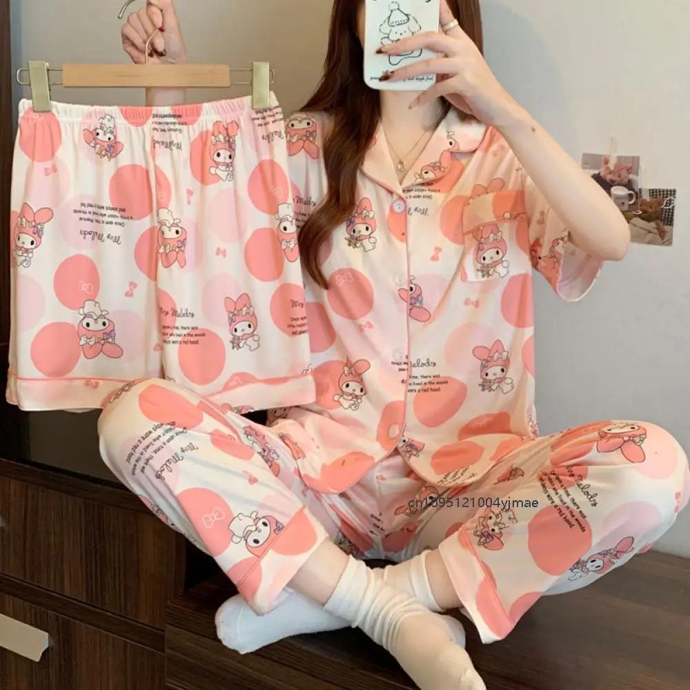 

My Melody аниме Kawaii пижамы женские летние милые повседневные домашние брюки с короткими рукавами комплект из 3 предметов домашняя одежда студенческие пижамы подарок