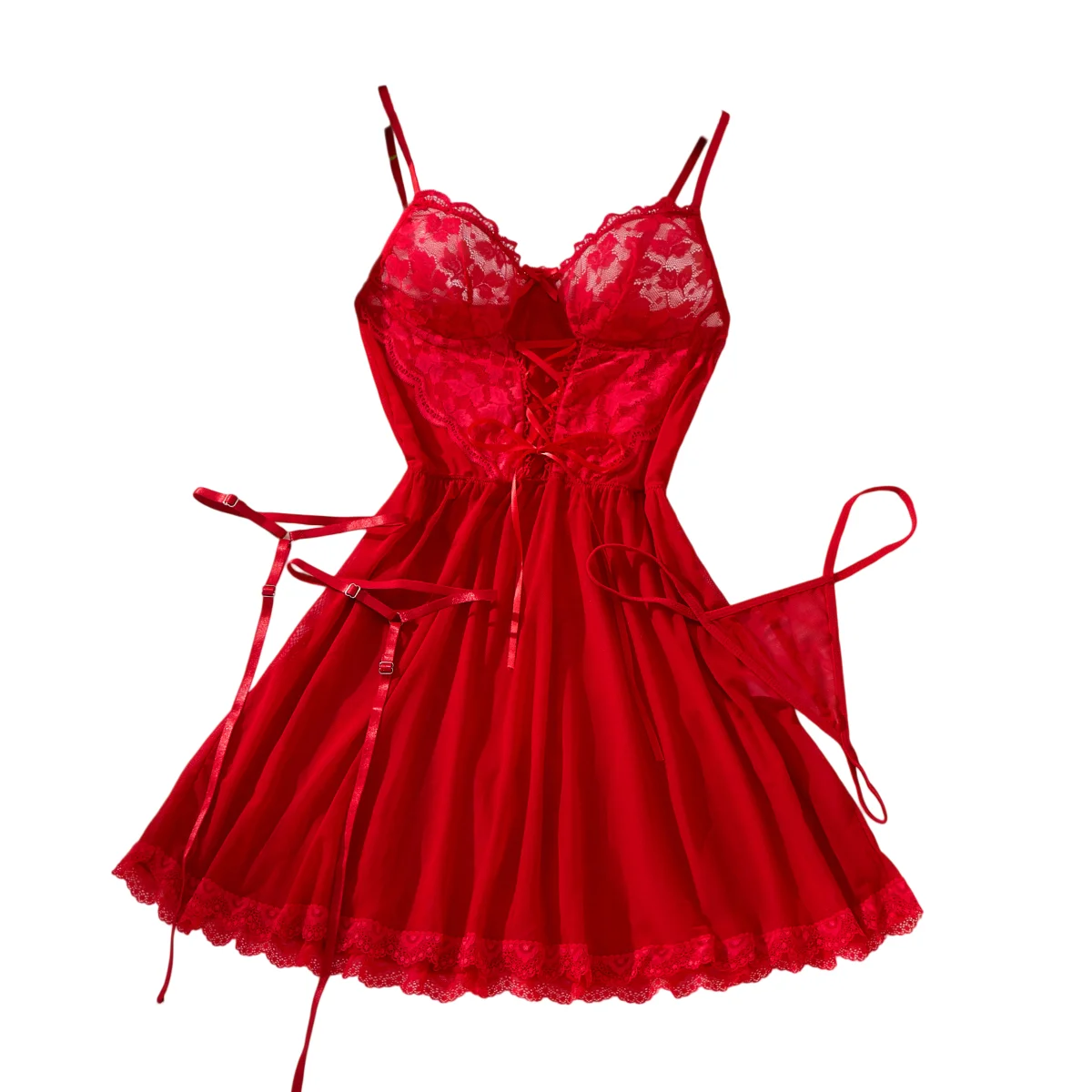 Garter Belt Set - セクシーなブラとガーターベルトのランジェリー、ホットレッドのベビードールドレス、エロティックな女性用高級3点セット、レッグリング付きソングナイトガウンセット