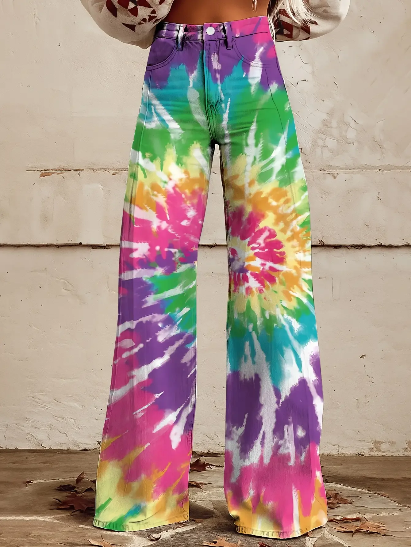 

1 pair of women's high waisted loose flared pants - bright full print, regular casual jeans