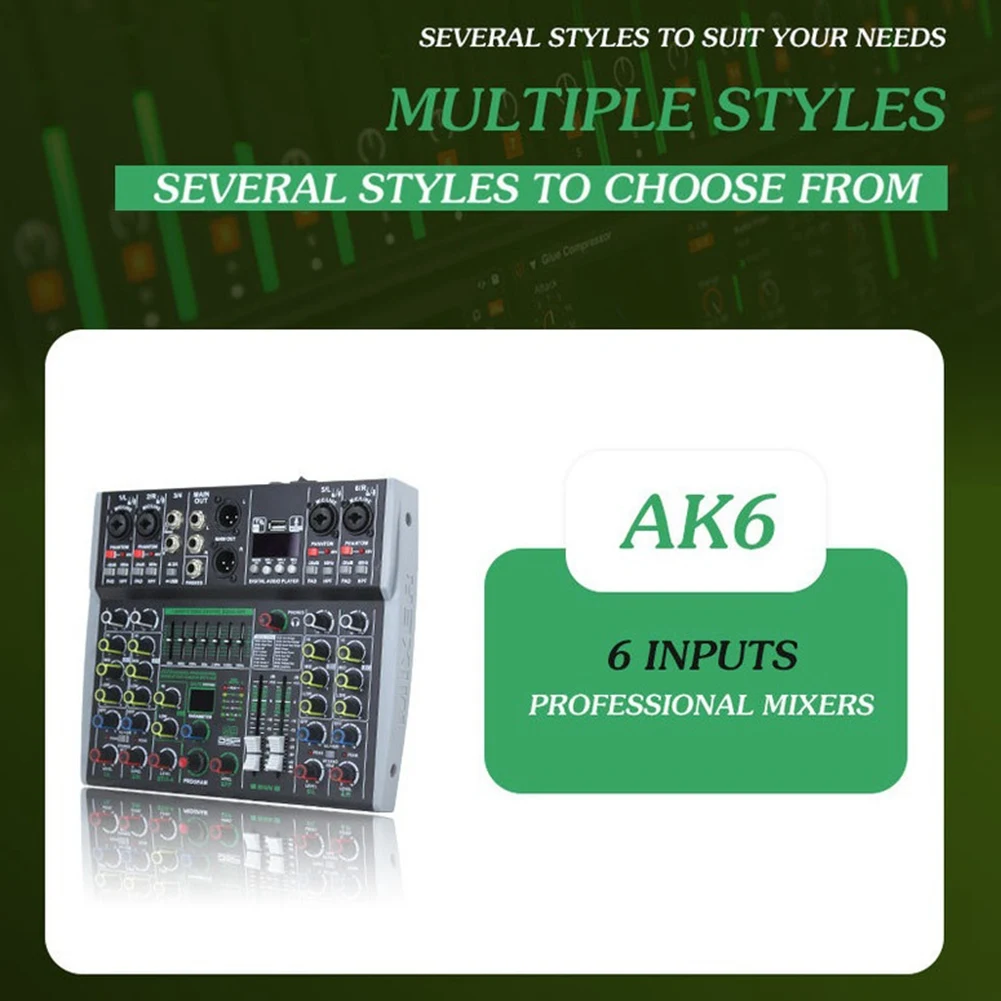 Professional Audio Mixer 6 Channel Built-In 99DSP 7-Segment Balanced Effect Bluetooth Support Recording Mixer