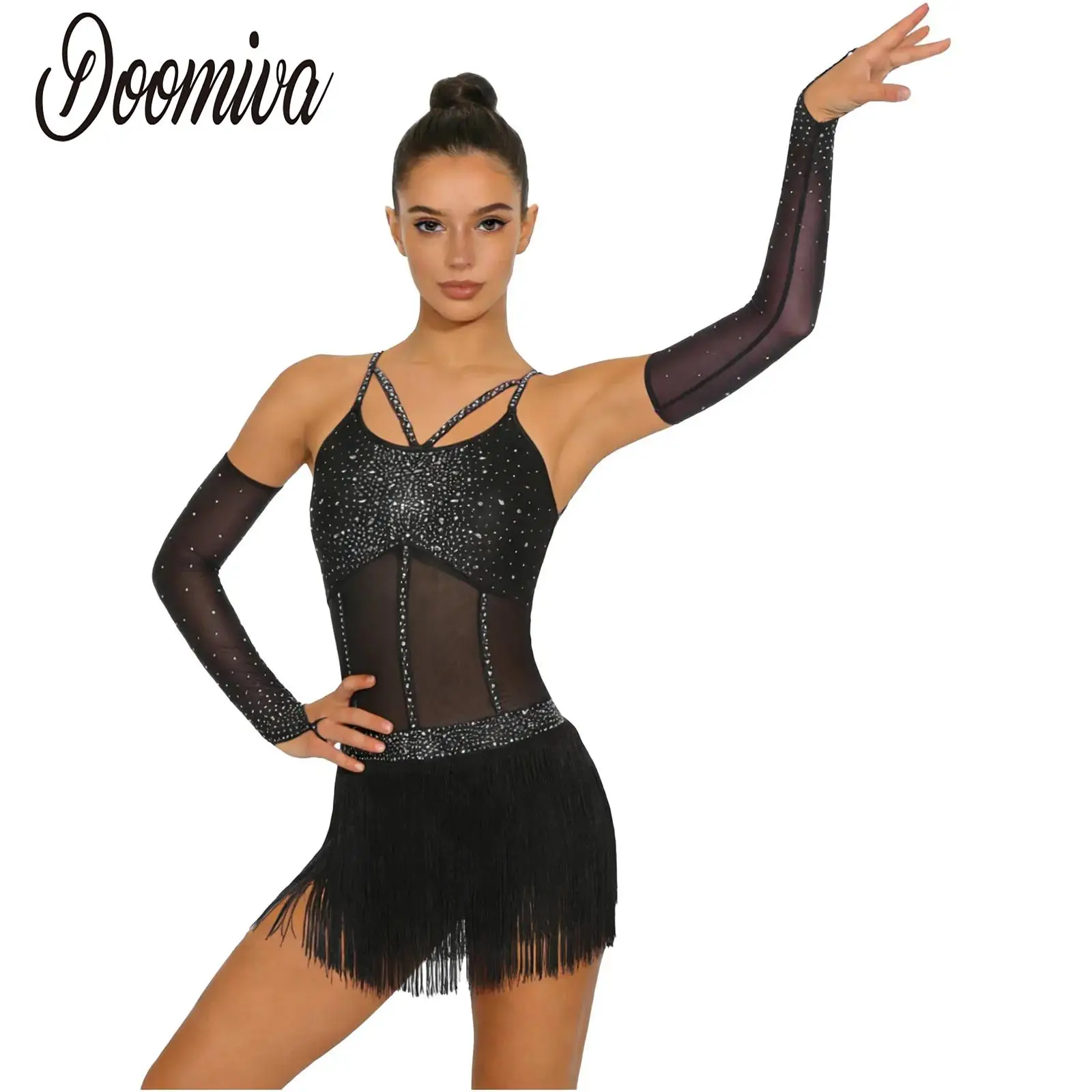 

Women Dance Latin Samba Cha-cha Bodysuit with Sheer Mesh Gloves Rhinestones Strappy Backless Tassel Leotard Set Jazz Dancewear
