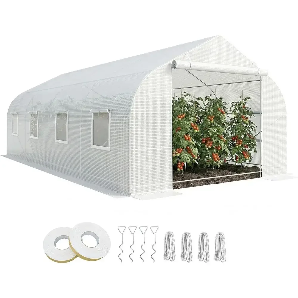 20ft x 10ft x 7ft Outdoor Walk-in Greenhouse Tunnel with Roll-up Windows, Zippered Door, PE Cover, Heavy Duty Steel Frame, White