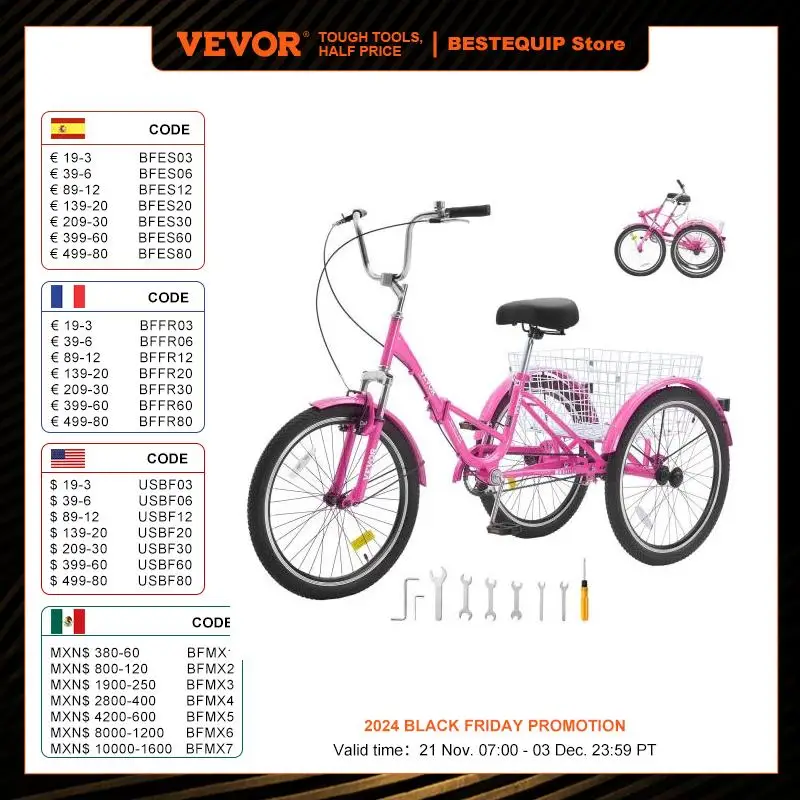 

VEVOR 26inch Folding Adult Tricycle Carbon Steel 3 Wheel Cruiser Bike with Large Basket & Adjustable Seat for Women Men Pink