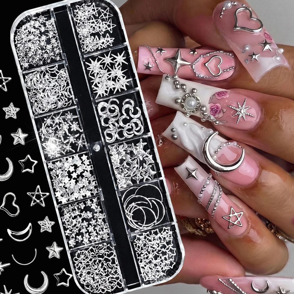 12Grids Y2k Silver Star Moon Love Rivet Nail Charms 3D Metallic Cross Star Slice Nail Alloy DIY Pentagram Starlight Nail Studs#-