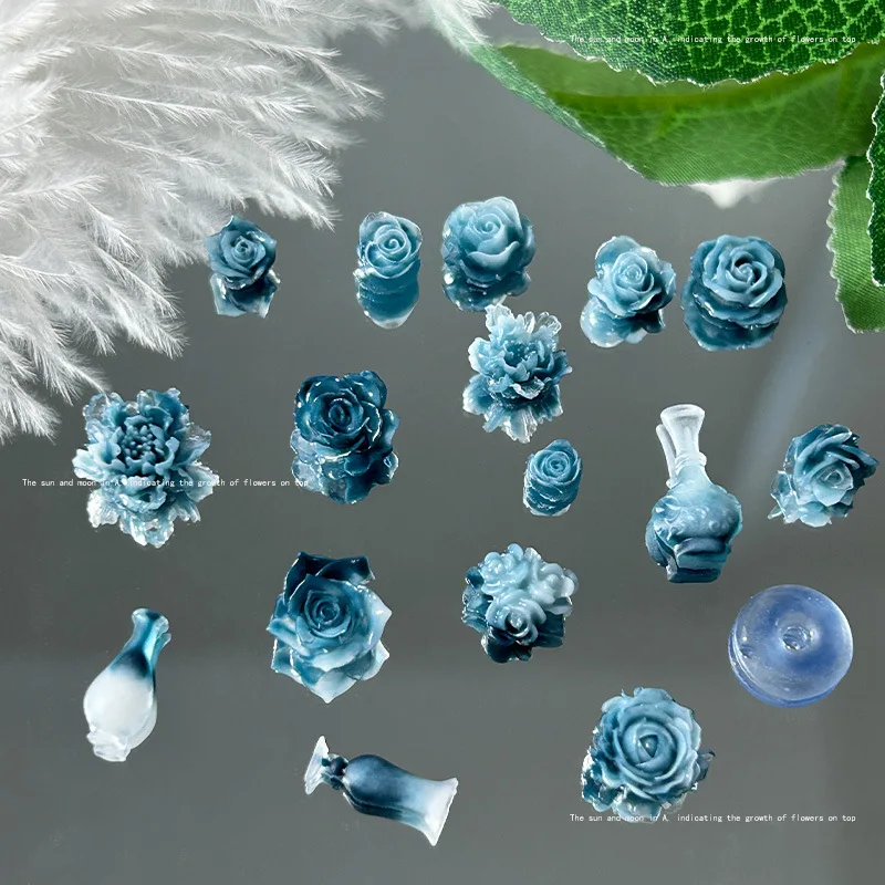 

20PCS Chinese Style Blue White Porcelain Vase Nail Art Accessories Water Mist Blue Nail Charms Mixed Luminous Nails Decorations