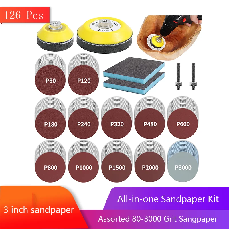 

3 Inch Sanding Discs 120pcs with 2 & 3inch Backer Pads and Sanding Sponge Sander 1/4" Shanks for Drill Grinder Rotary Tools