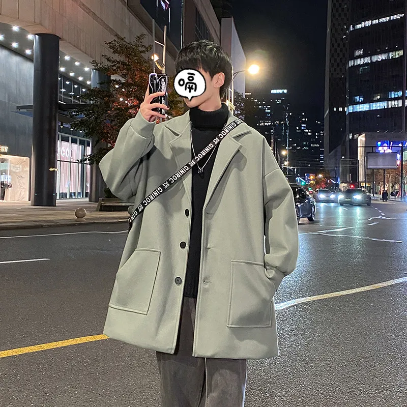 Men's Woolen Coat Autumn Winter Thickened Loose Style Korean Version Hip Handsome Outerwear Mid-Length Single-Button Closure