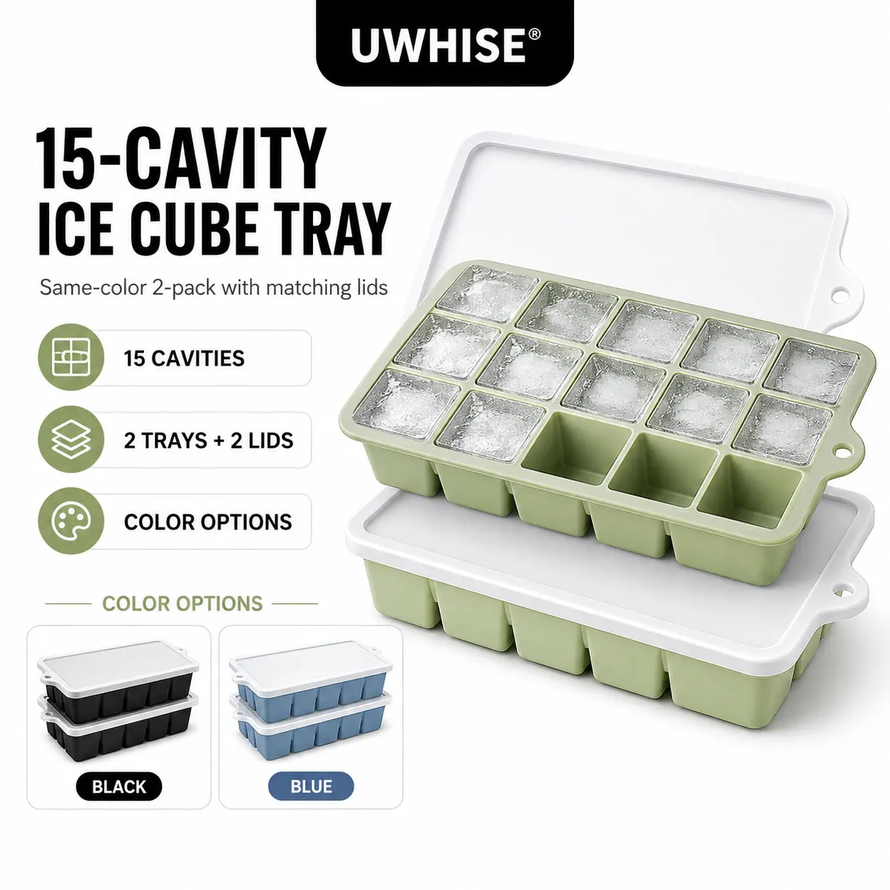 Uwhise 2 Pack Silicone Ice Cube Trays with Lid Easy Release Ice Cube Molds Reusable Ice Tray For Freezer Whiskey Cocktail Coffee