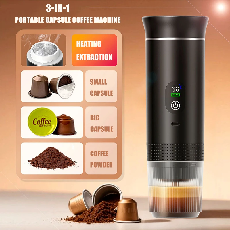 Portable Electric Capsule Coffee Maker Wireless Espresso Maker with Heating Pump 3-in-1 Travel and Car Coffee Maker