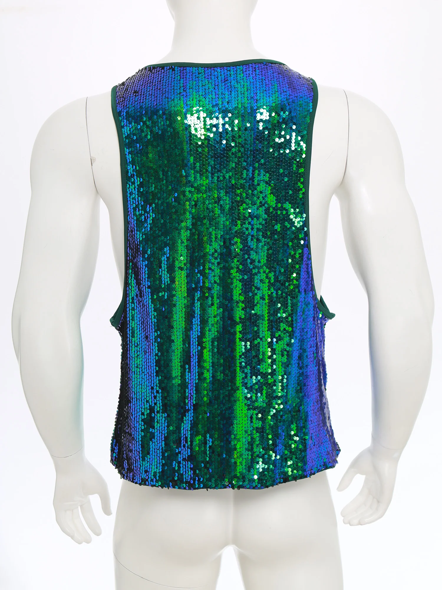 Mens Glitter Sequin Disco Club Vest Tank Top Low Crew Neck Smooth Lining Waistcoat Shiny Bodybuilding Top Dancing Party Costume