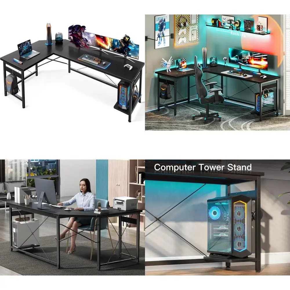 مكتب ألعاب زاوية أكبر 66 - مكتب كمبيوتر قوي على شكل حرف L للمكتب المنزلي والكتابة والألعاب