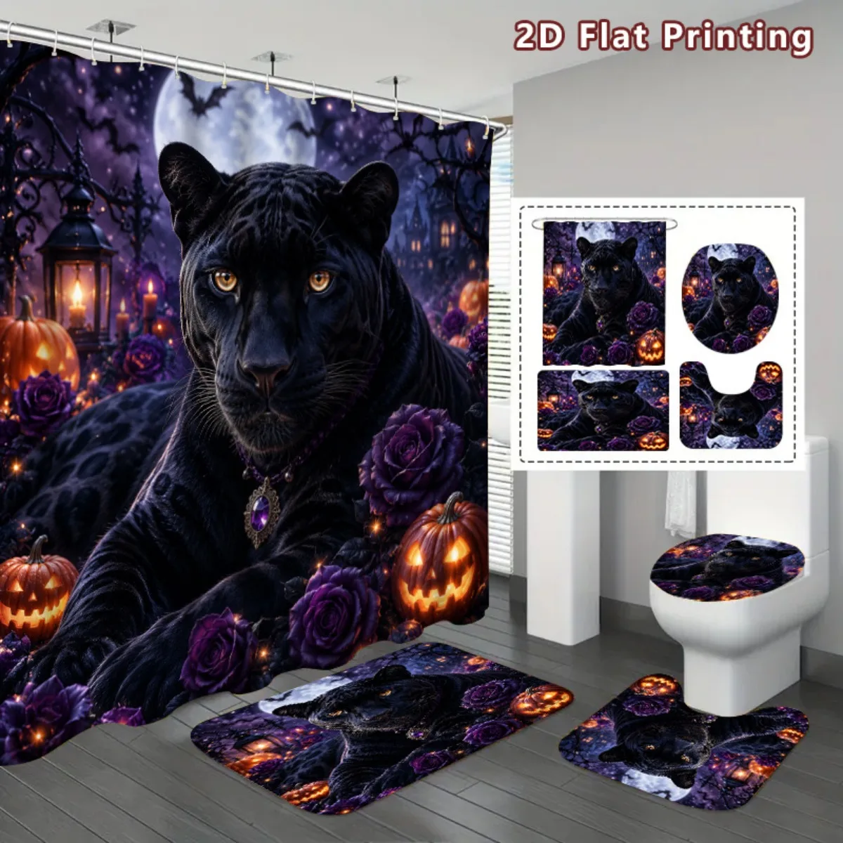 Halloween Shower Curtain Pinkoween Gothic Curtain Black Cat Quick-dry Durable Waterproof Bath Curtain, 12 Hooks, 3pcs Floor Mat