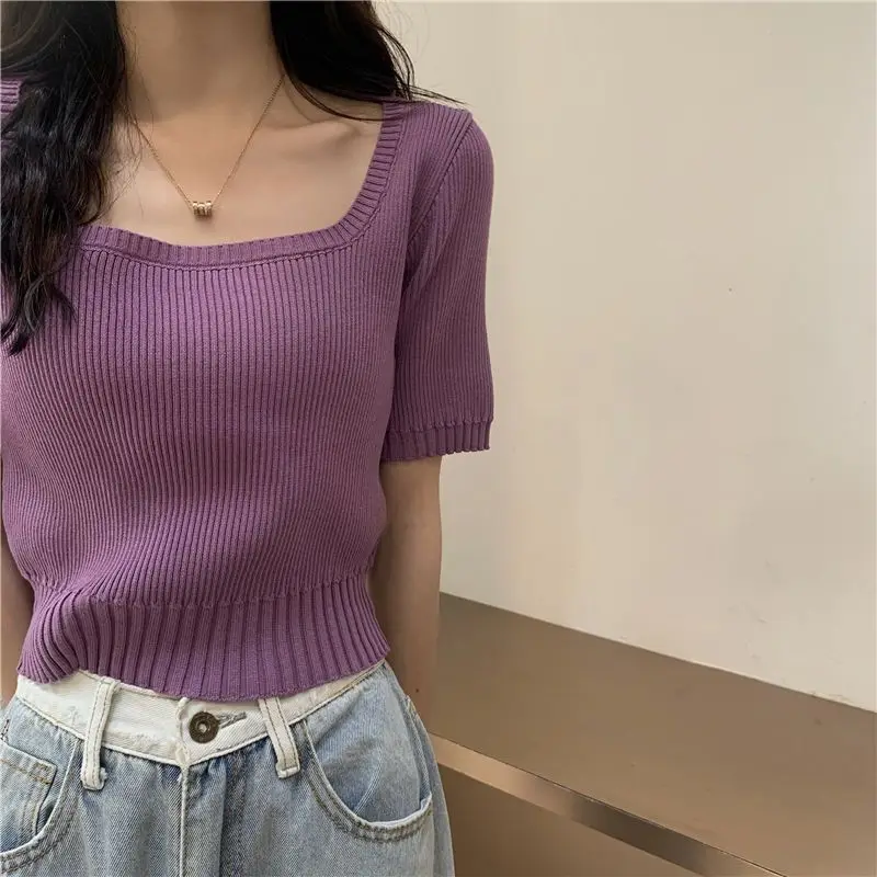 

Women Summer Square Collar Solid Casual Top Beach Short Sleeve Knitted Crop Tops Striped Slim Shirts Tee Knitted Pullover Q148