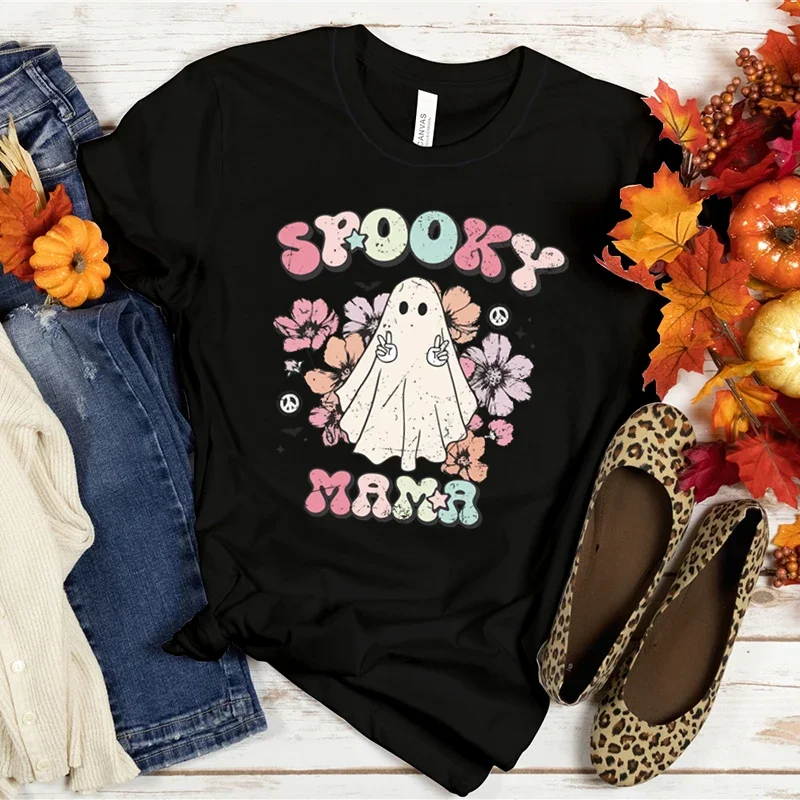 

Женская футболка с принтом Spooky Mama, забавная графическая уличная одежда, летние футболки с коротким рукавом для Хэллоуина, одежда с ужасами Boo