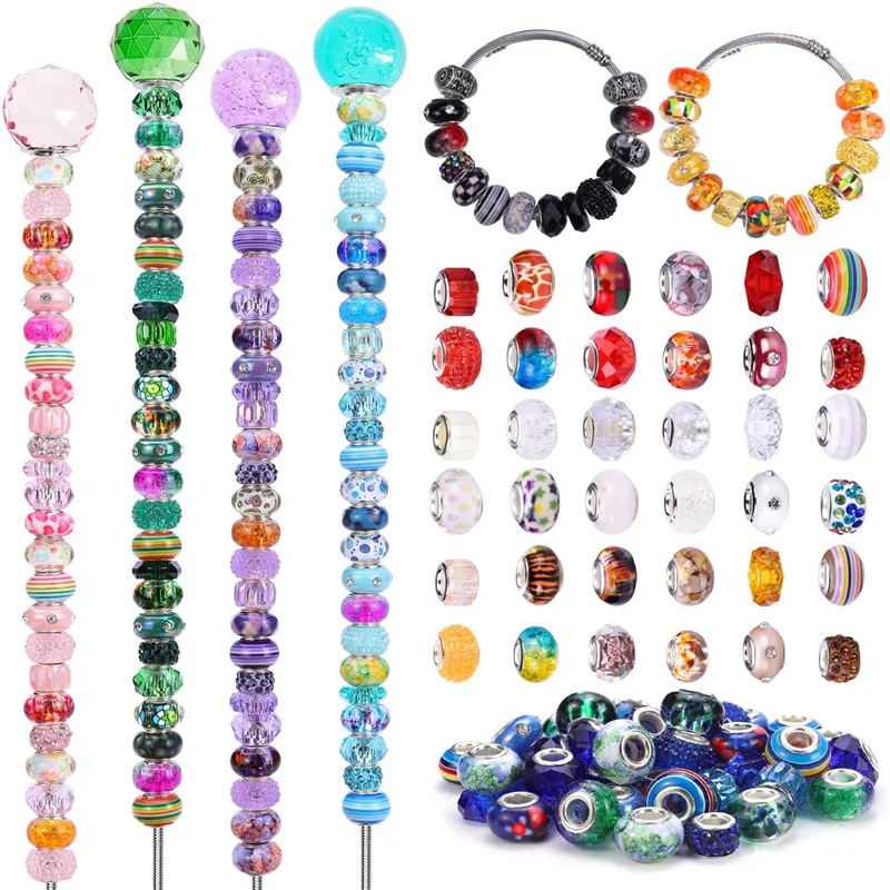 10Pcs Color Assortment European Large Hole Spacer Beads Silver Brass Core for DIY Charms Bracelet Jewelry Pens Garden Stakes