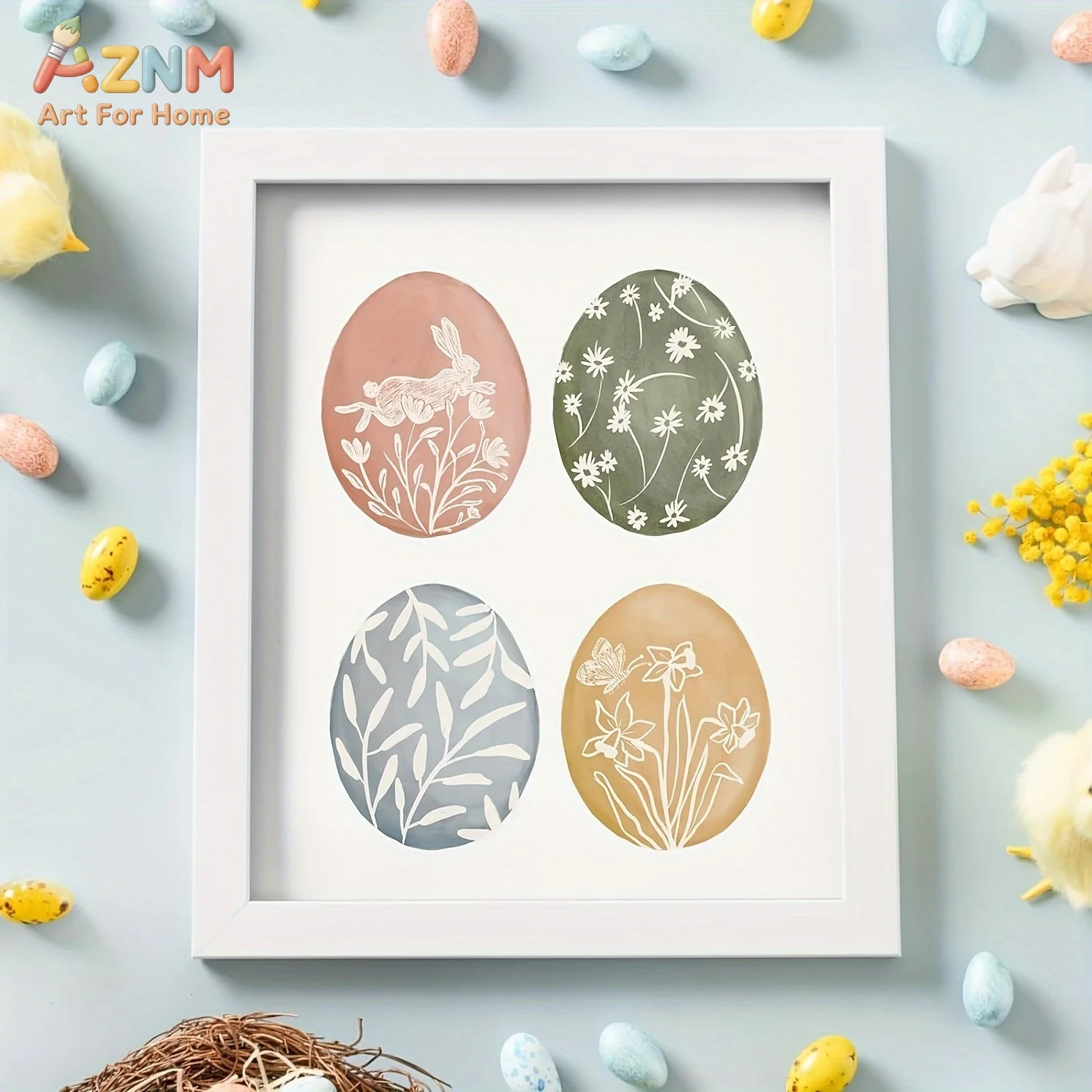 AZNM Happy Easter Cute Animal Bunny Duck Lamb Egg Carrot Canvas Wall Art Soft Illustration Unframed Poster For Nursery Holiday H