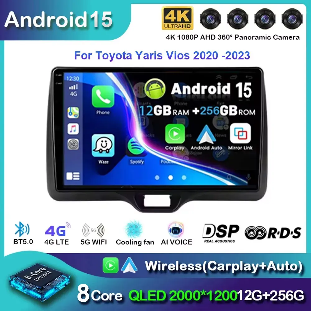 

Android 15 For Toyota Yaris Vios 2020 - 2023 Car Radio Multimedia Video Player Qualcomm Head Unit 4G LTE 5G WIFI GPS NAVI QLED