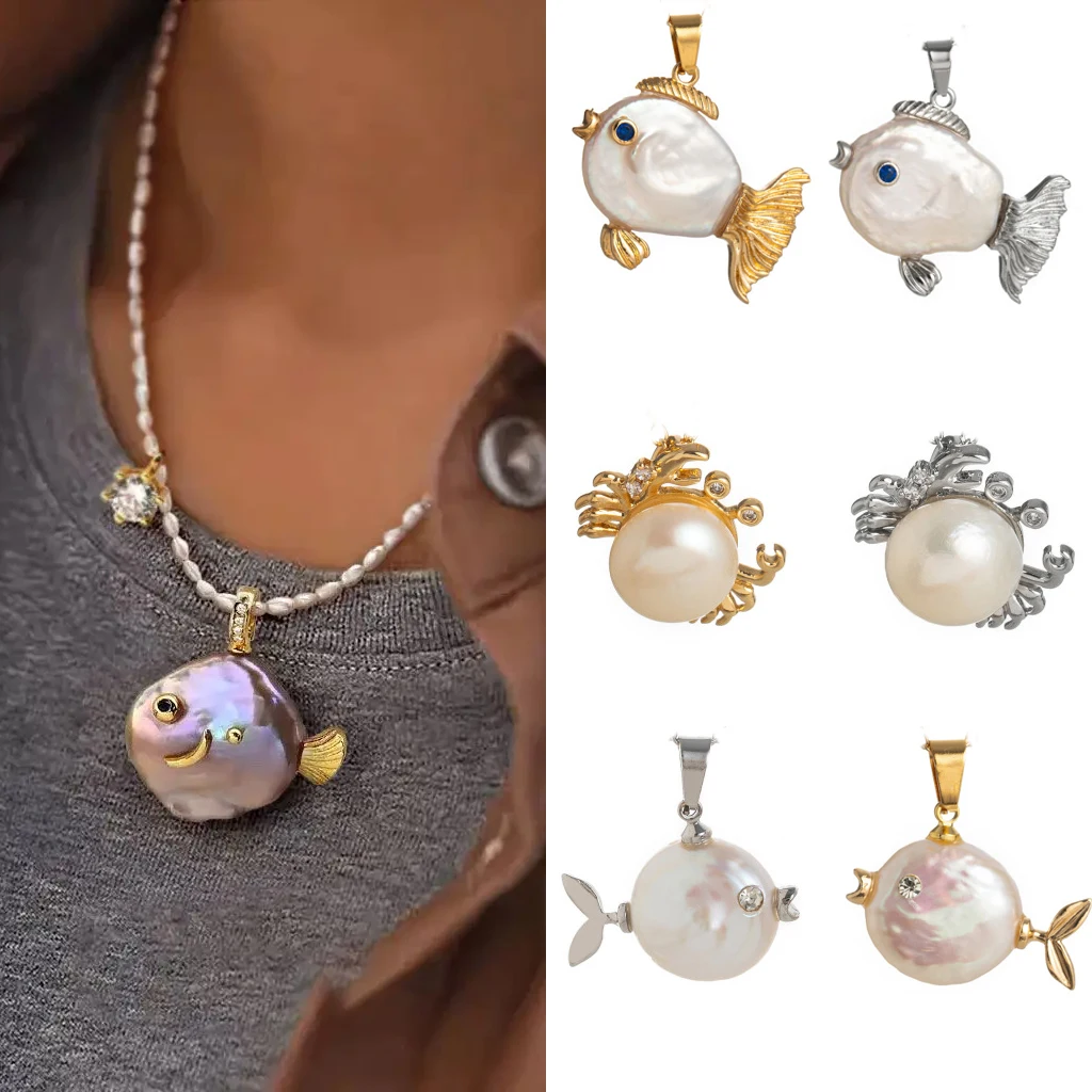 Summer Creative Pink Baroque Pearl Ocean Fish Pendant Necklace Handmade Irregular Unique Cute Crab Choker Stanless Steel Jewelry