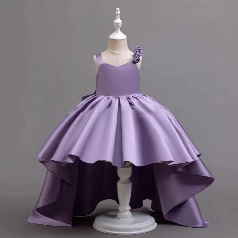 Girls Princess Purple Satin Tailed Bridesmaid Dress 4-8 Year Old Christmas Show Dress Girl Festival Performance Evening Dress