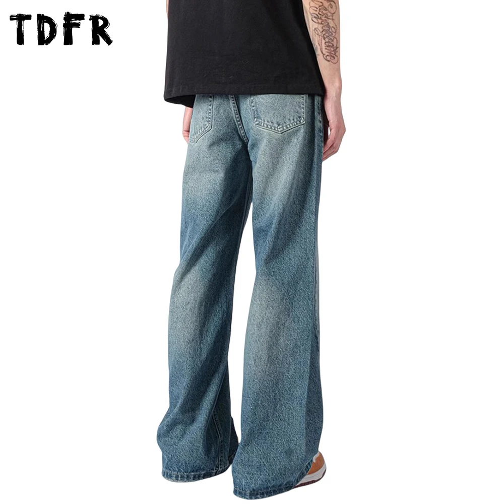 Vaqueros desgastados lavados con efecto bigote para hombre, ropa de calle Retro, pantalones vaqueros de pierna ancha empalmados sueltos para hombre