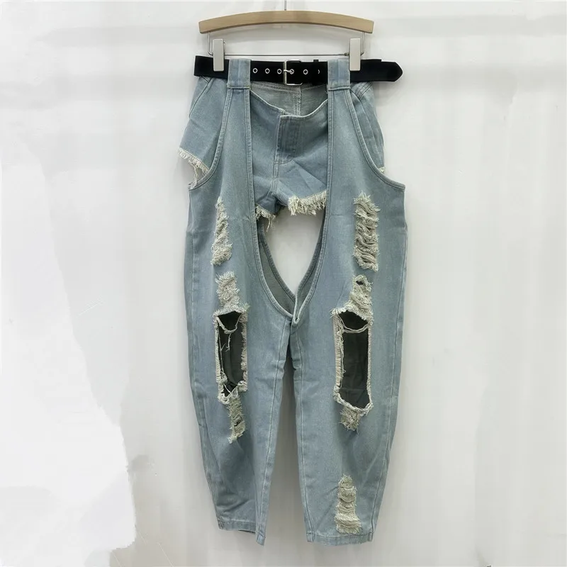 

Denim Pant Set Women Two Piece Sets Distressed Low Waist Short Pants Splice Long Trousers Belt Hollow Out Y2k Streetwear Spring