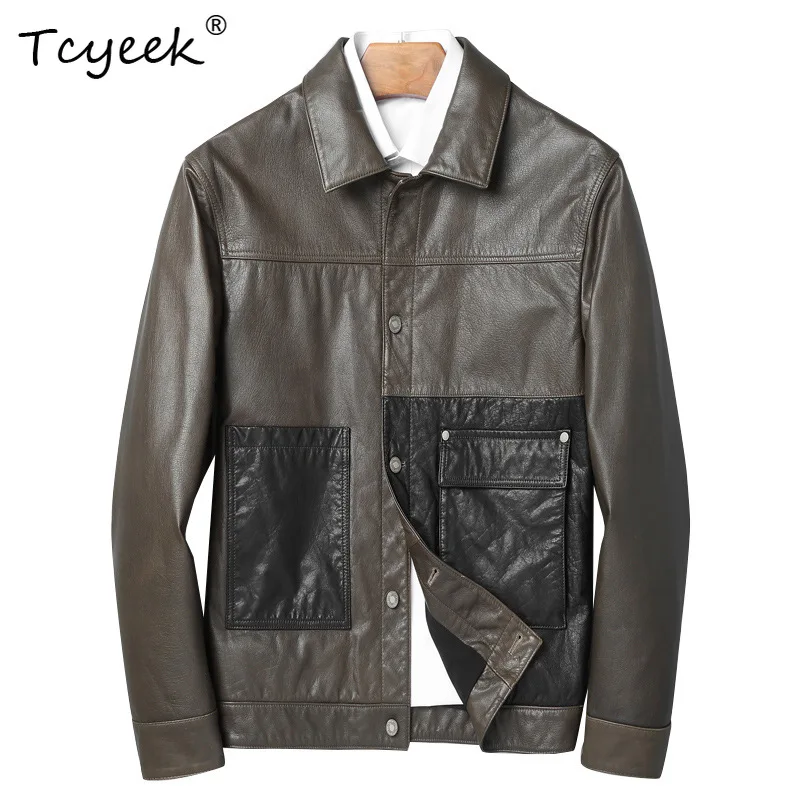 Tcyeek Top Layer Cowhide Jackets Genuine Leather Jackets for Man Color Block Short Coats Mens Leather Jacket 2026 Jaqueta Couro