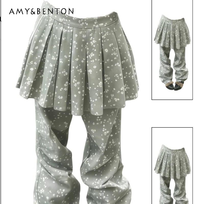 

American Retro Gray Floral Casual Women's Skirt Trousers 2025 Winter Street Loose Pleated Skirts Splicing Flared Pants Ladies
