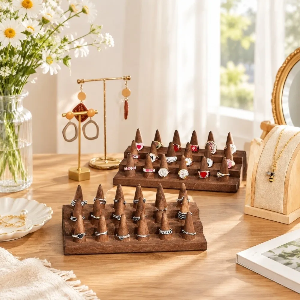 12 /18 Fingers Wooden Finger Ring Display Stand Wooden Cone Shape Jewelry Ring Display Holder Storage Rack 2/3 Tiers