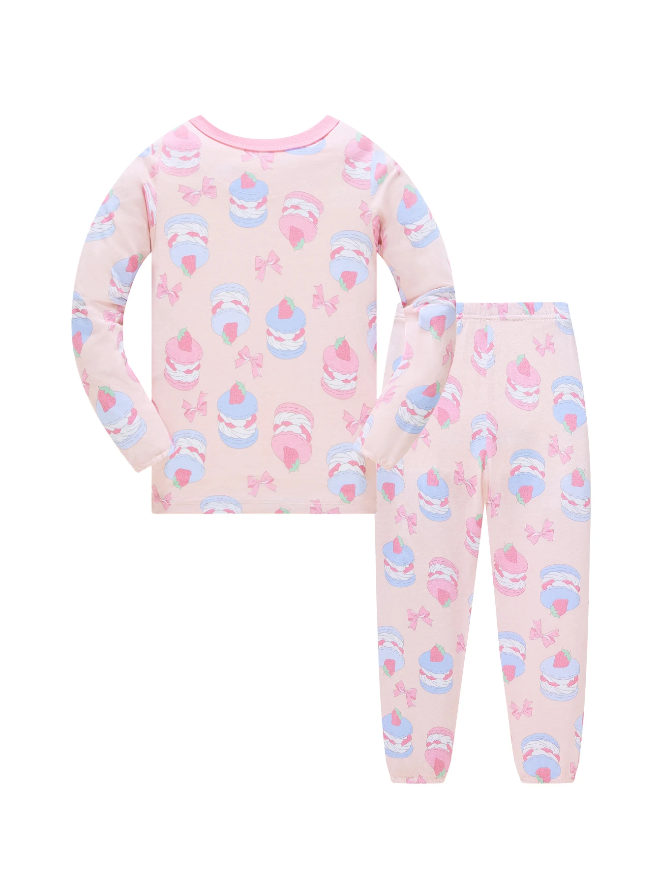 Girls' pure cotton pajamas, spring and autumn thin style, for baby girls aged 1-8 years, long-sleeved and long-pants set, full-print pink cake pattern, sweet home wear