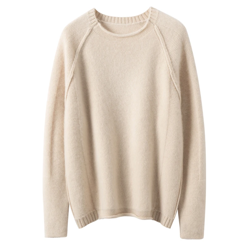 New Autumn Winter 100% Cashmere O-Neck Pullover Rolled Edge Loose Raglan Sleeve Sweater Ribbed Trim Casual Minimalist Daily Wear