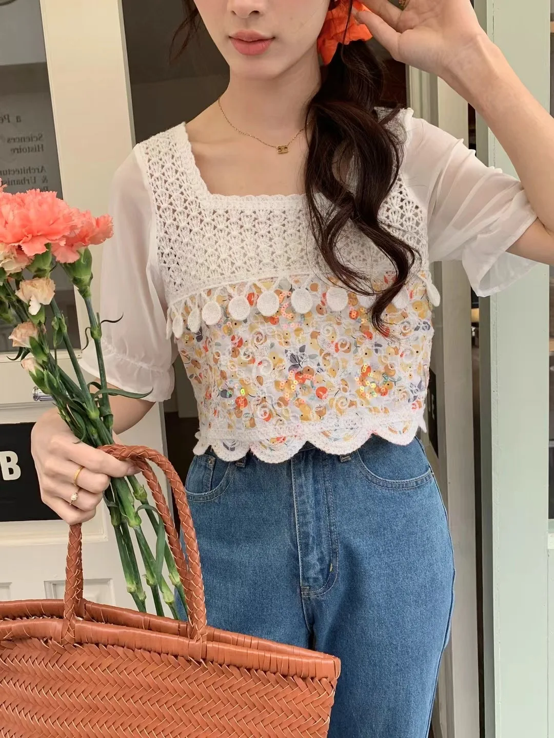 Women Crochet Knit Top with Chiffon Sleeve Square Neck Sequin Blouse Teengirl Spring Summer Fairycore Outfit