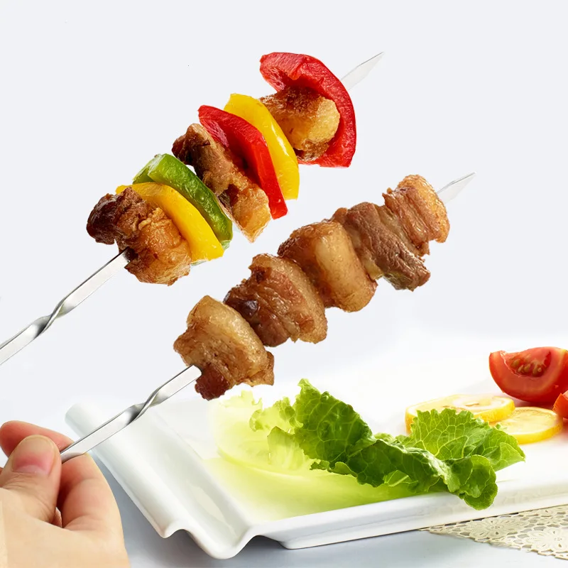 Pinchos de barbacoa planos reutilizables de acero inoxidable, 10 piezas, palo de aguja para acampar al aire libre, herramientas de cocina para Picnic