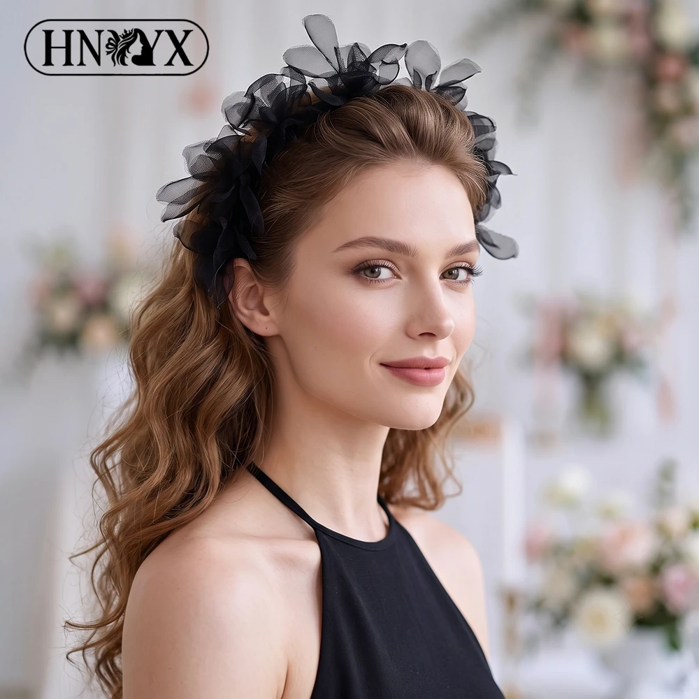 HNYYX Gothic Black Tulle Petal Head Hoop Handmade Organza Floral Headband Women Daily Commute Holiday Party Hair Jewelry A444