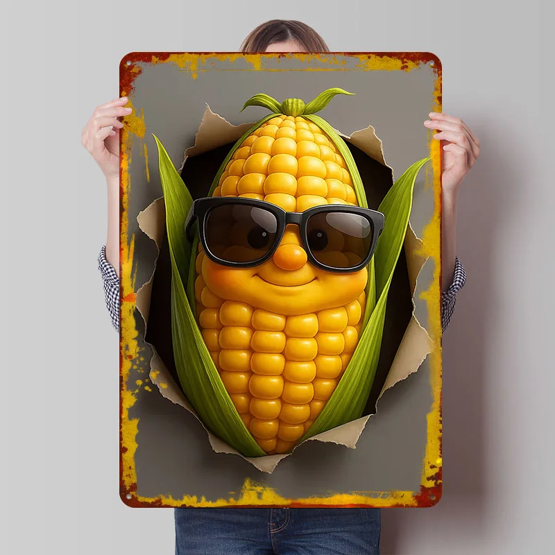 Cool Corn Character Bursting Through Paper Tin Plaque Poster Customized Wall Art Retro Vintage Metal Signs for Man Cave Decor