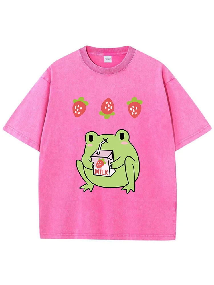 Frog Drinking Strawberry Flavored Milk Print Men Washed Clothing Summer Cotton T-Shirt Street Fashion Tops O-Neck Cute Clothes