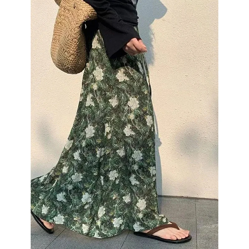 Summer Sweet Chiffon Floral Skirt Women Vintage Elegant High Waisted Skirt Beach Vacation Side Slit Midi Skirt New