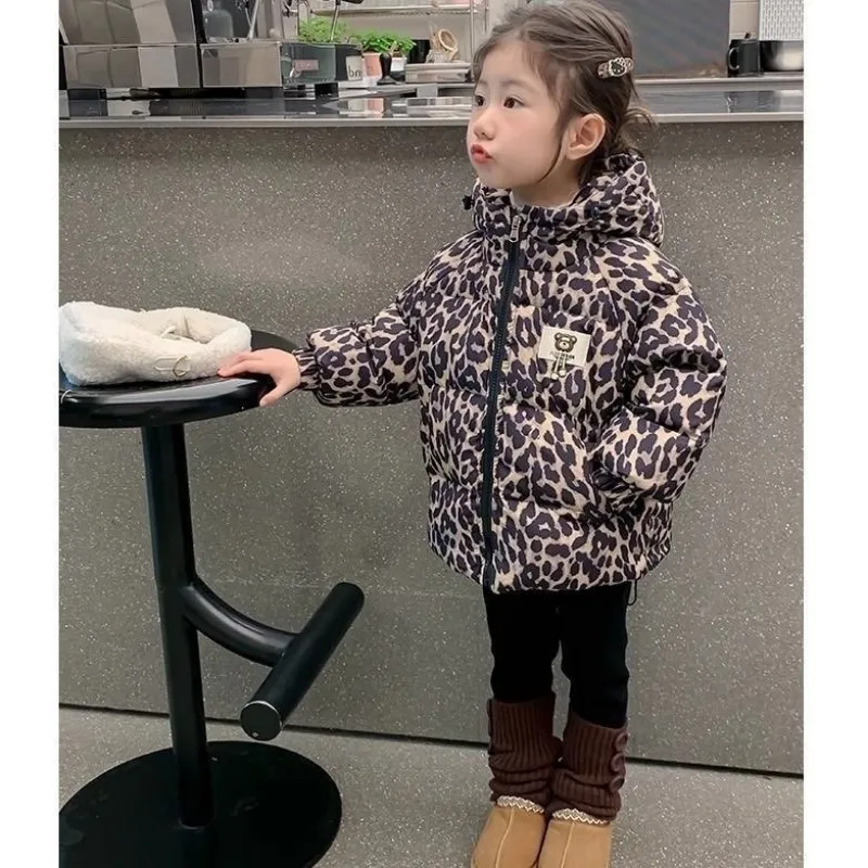 Kids Winter Coat 2026 New Leopard Print Hooded Thick Padded Warm Jacket Boys Girls Down Cotton Outerwear
