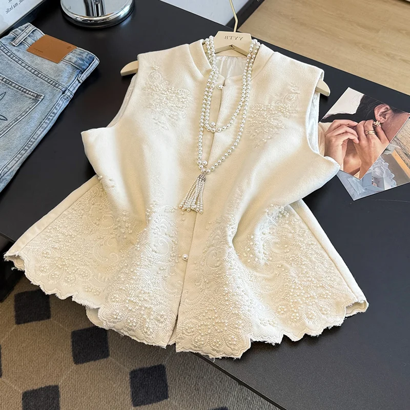 

Женский жилет на пуговицах с китайской вышивкой и жемчугом, верхняя одежда Svel Top Young Faion, весенняя коллекция