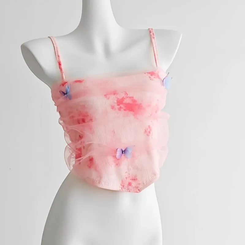 Butterfly Mesh Camisole Vest Y2K Girls Hotsweet Tanks Outfit Summer Women's Irregular Short Top Slim Versatile Dating Streetwear