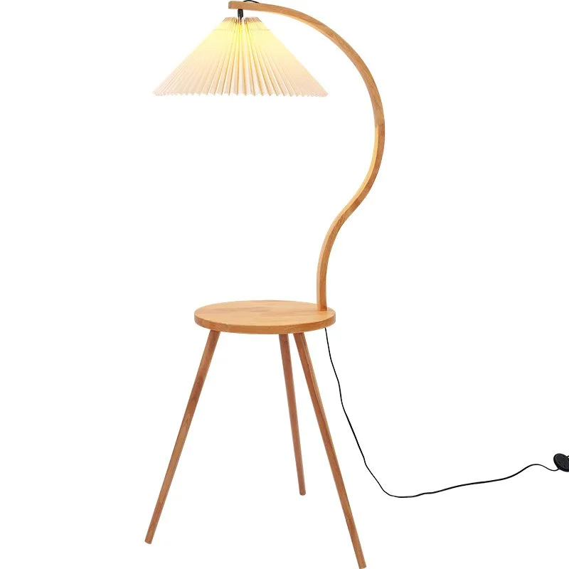 

Floor lamp solid wood cream wind shelf coffee table one body vertical table lamp retro living room sofa bedroom atmosphere