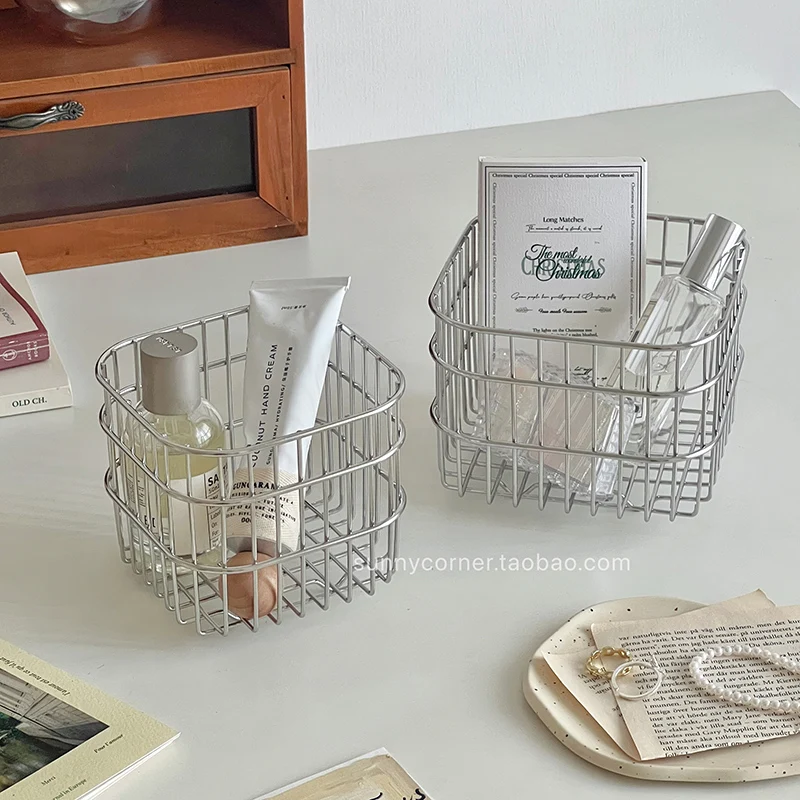 

Square Stainless Steel Storage Basket, Desktop Organizer Bin, Cosmetic Organizer Basket, Home Storage Bin Multipurpose