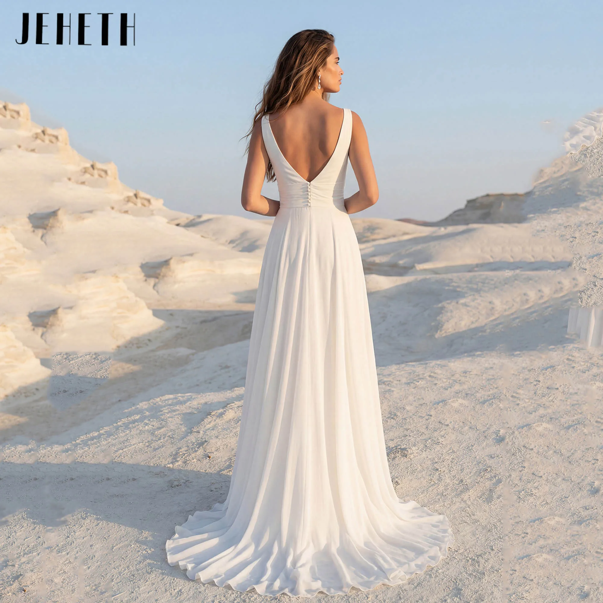 JEHETH Minimalist Dress For Destination Wedding Wide Straps V-neck Chiffon Bridal Gowns A-line Slit V-back Vestidos Customized