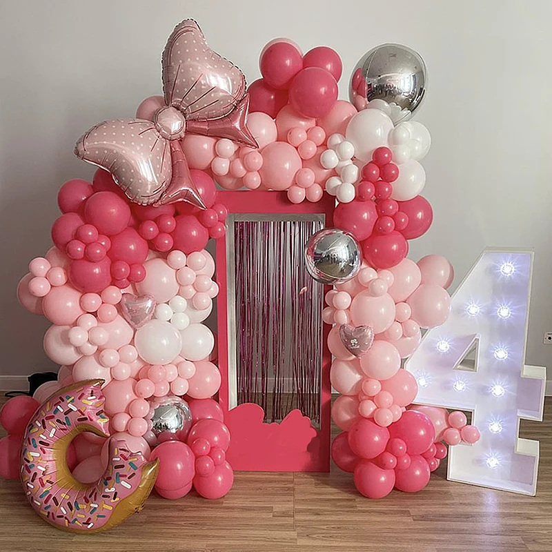 202pcs Pink Princess Themed Balloon Bow Donut Love Heart Foil Balloon Red Pink White Latex Balloon Girl Birthday Party Decor