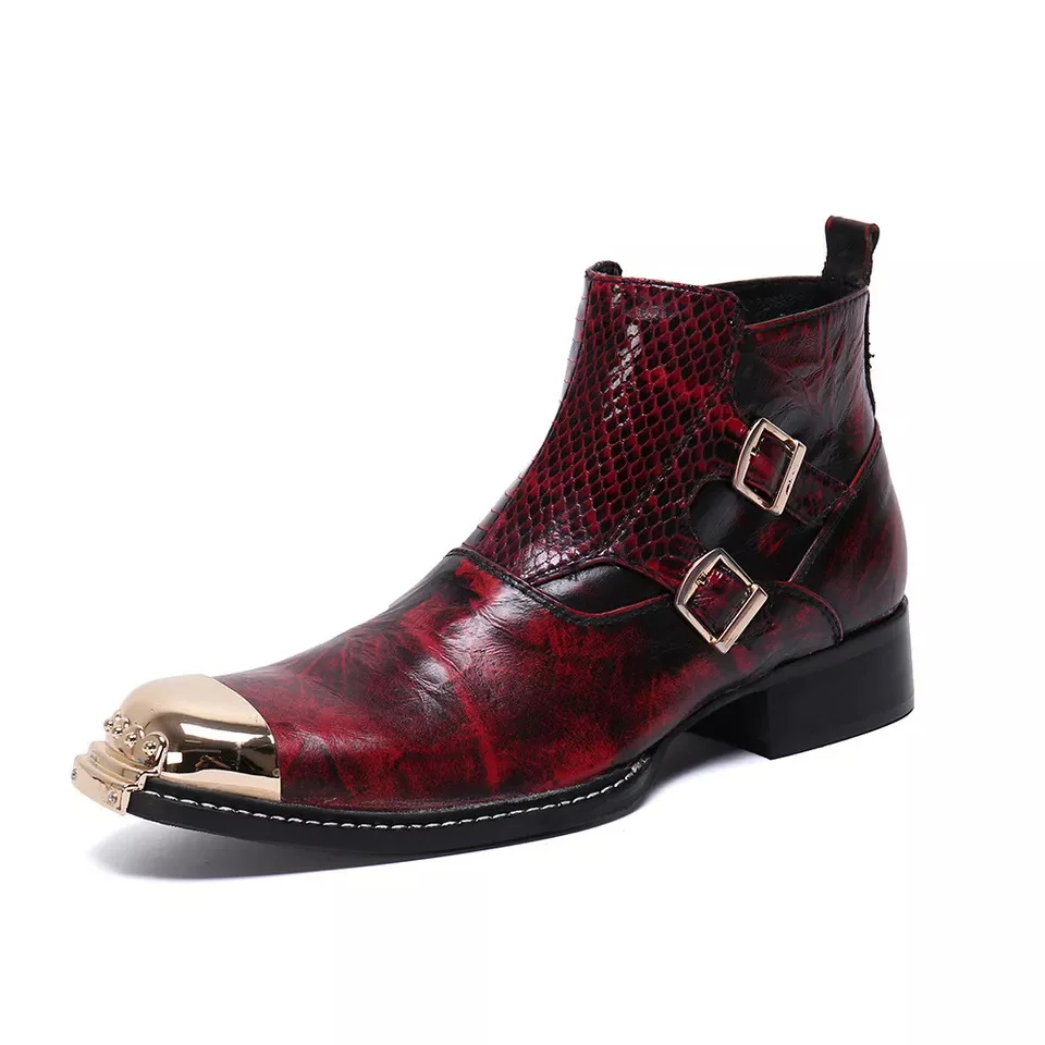 Botines Chelsea con correa de hebilla roja para hombre, zapatos de trabajo con punta de acero dorada, zapatos de cuero para vestir, botas con cremallera lateral y tacón medio