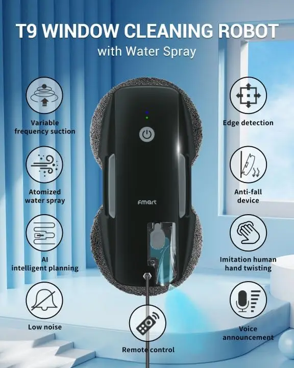T9Pro Window Cleaning Robot - 3800PA, Ultrasonic Water Spray, AI Path Planning, AI Edge Detection Window Cleaner Robotic Vacuums