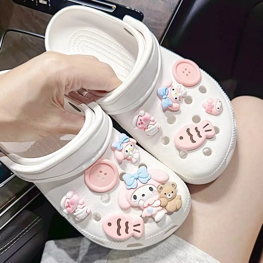 MINISO Pink Cute Little Fish Charm Button Shoes Accessories Cartoon Pink Rabbit Girl Wooden Clogs Sandals Decoration Party Gift