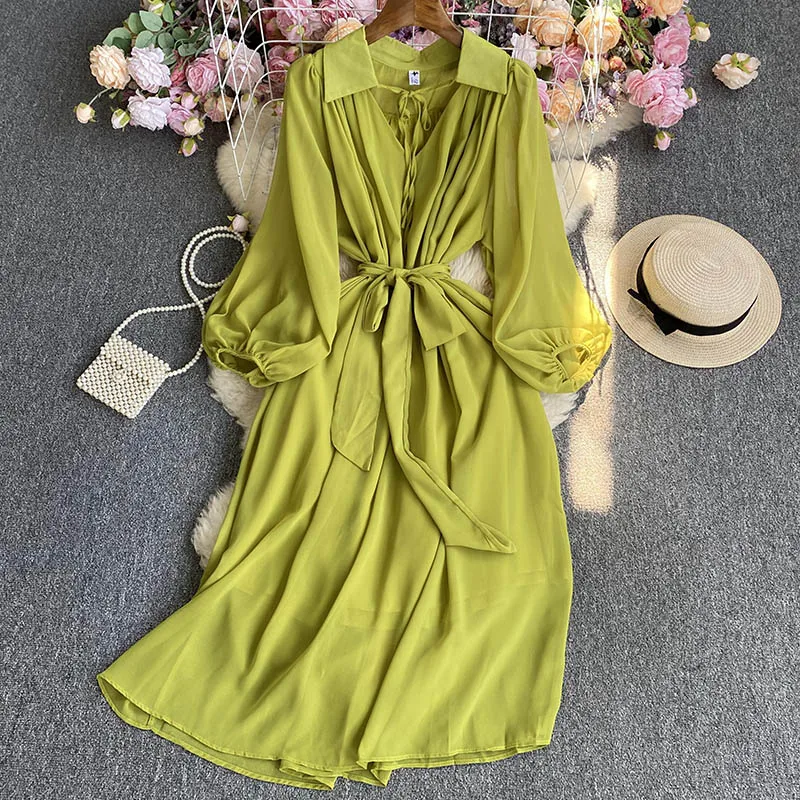 

Spring and Autumn New Fashion Solid Color V-neck Chiffon Long-sleeved Dress Women's High Waist Casual Tie-up Long Skirt Tide